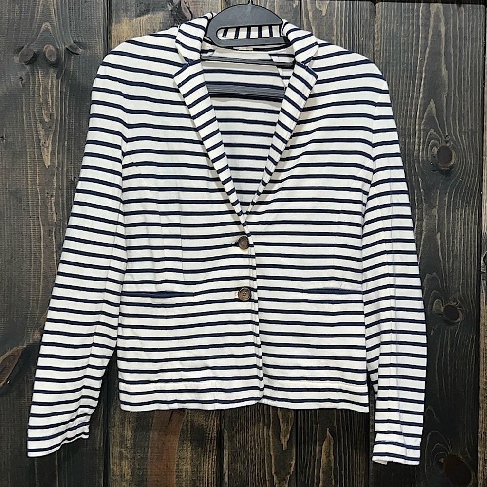 J. Crew Nautical Style Blue Striped Knit Blazer XS 100% Cotton Coastal Chic Soft